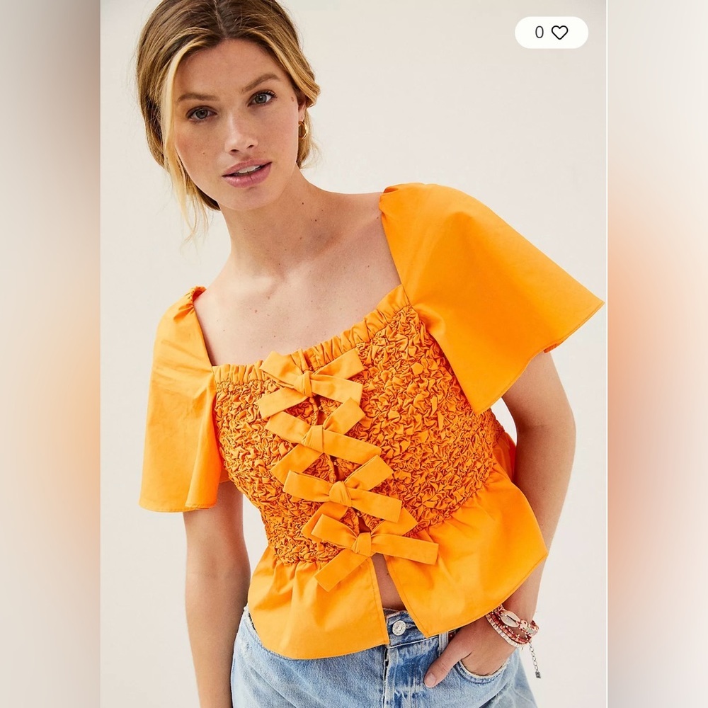 Anthropologie x Mare Mare - Smocked Bow-Tie Cropped Tank Puff Sleeve Blouse